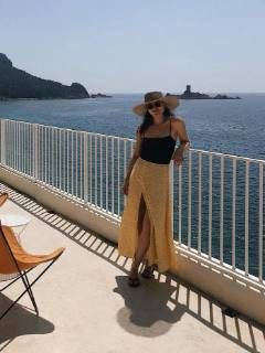 Outfit: Black camisole top, Yellow floral maxi skirt, Straw sun hat, Dark sunglasses