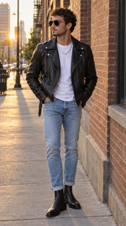 Outfit: Black leather biker jacket, White crewneck t-shirt, Light wash slim straight jeans, Black leather Chelsea boots