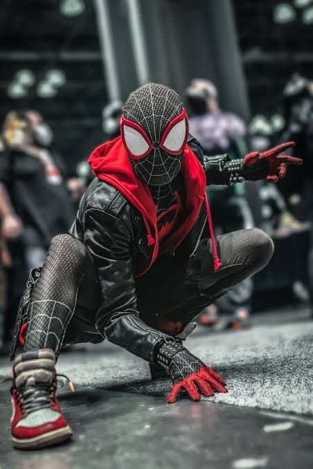 Outfit: Miles Morales Spider-Man Mask, Red Hoodie, Black Leather Jacket, Miles Morales Spider-Man Suit (Torso)