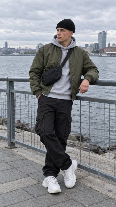 Outfit: Olive bomber jacket, Heather grey hoodie, Black cargo pants, White chunky sneakers