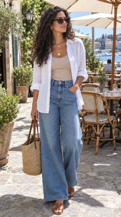 Outfit: White linen button-down shirt, Beige ribbed tank top, Wide-leg high-waisted jeans, Cognac leather slide sandals