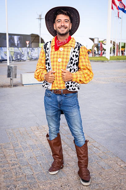 Outfit: Brown cowboy hat, Red bandana, Yellow plaid shirt, Cow print vest
