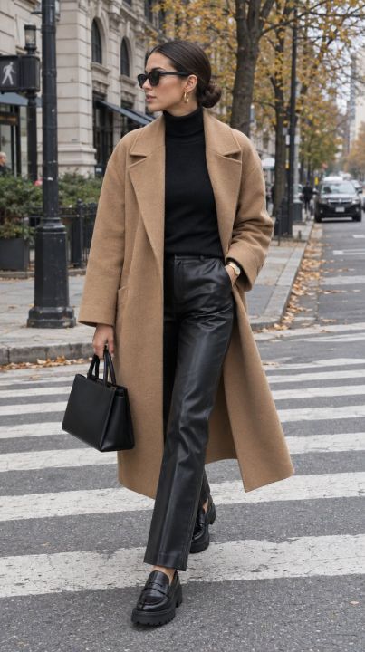 Outfit: Camel wool long coat, Black turtleneck sweater, Black leather pants, Black lug-sole loafers