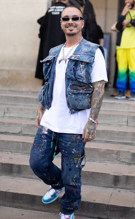 Outfit: White Short Sleeve T-Shirt, Paint-Splatter Denim Vest, Paint-Splatter Denim Carpenter Pants, Black Rectangle Sunglasses