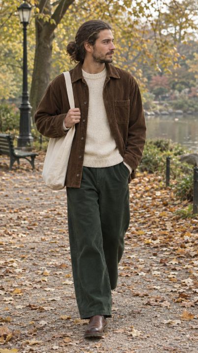 Outfit: Brown corduroy overshirt, Cream knit crewneck sweater, Dark green wide-leg trousers, Brown leather boots