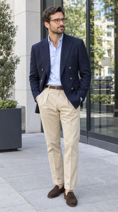 Outfit: Navy double-breasted blazer, Light blue dress shirt, Pleated beige trousers, Brown suede loafers