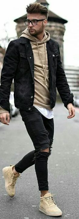 Outfit: Black denim jacket, Tan hooded sweatshirt, Black ripped skinny jeans, Tan high-top sneakers
