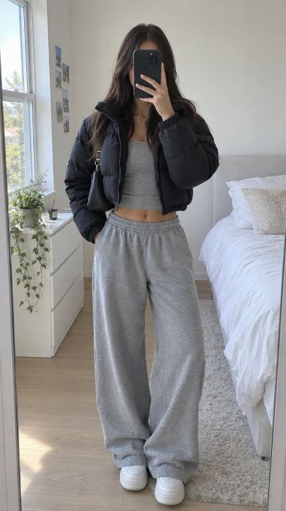 Outfit: Black cropped puffer jacket, Grey ribbed cropped tank top, Grey wide leg sweatpants, White platform sneakers